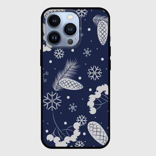 Чехол для iPhone 13 Pro Зимние ягоды и шишки на синем фоне