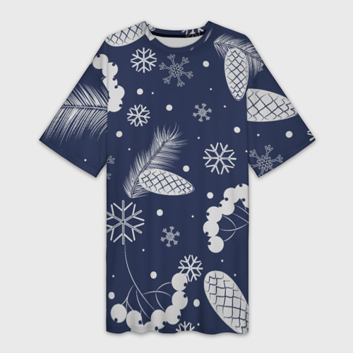 Платье-футболка 3D Зимние ягоды и шишки на синем фоне, цвет 3D печать