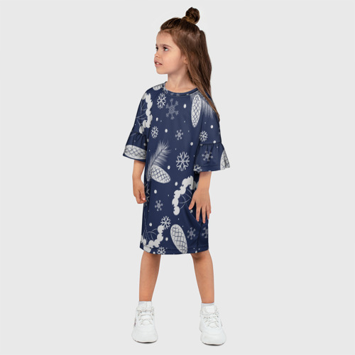 Детское платье 3D Зимние ягоды и шишки на синем фоне, цвет 3D печать - фото 3