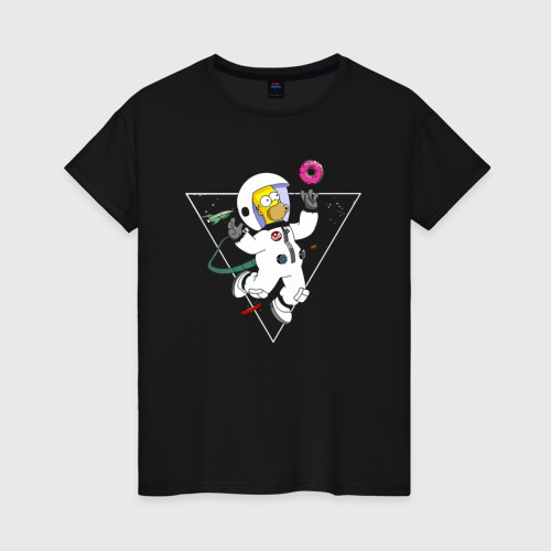 Женская футболка хлопок Гомер Симпсон ловит в космосе пончик, цвет черный
