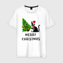 Мужская футболка хлопок Кот валит новогоднюю ёлку