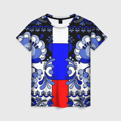 Женская футболка 3D с принтом Гжель с флагом России, вид спереди #2