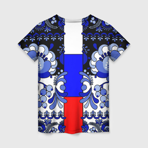 Женская футболка 3D с принтом Гжель с флагом России, вид сзади #1