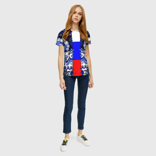 Женская футболка 3D с принтом Гжель с флагом России, вид сбоку #3