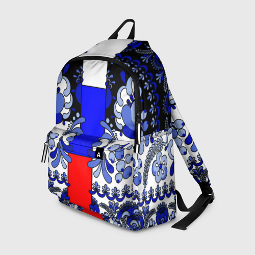 Рюкзак 3D с принтом Гжель с флагом России, вид спереди #2