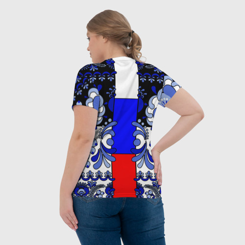 Женская футболка 3D с принтом Гжель с флагом России, вид сзади #2
