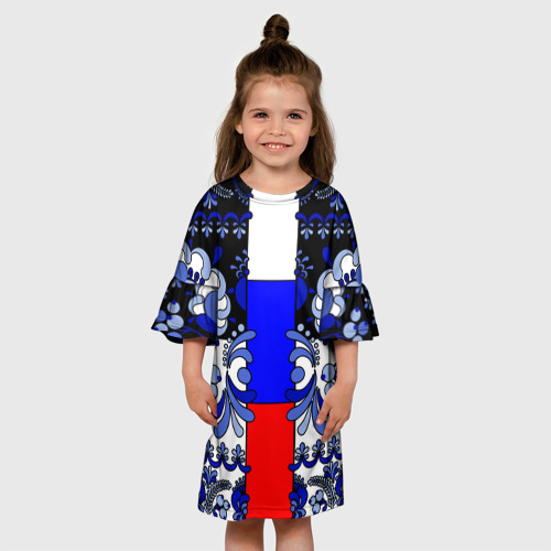 Детское платье 3D с принтом Гжель с флагом России, вид сбоку #3