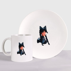 Набор: тарелка + кружка Чёрная кошка Уэнсдэй