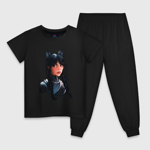 Детская пижама хлопок Чёрная кошка Уэнсдэй, цвет черный