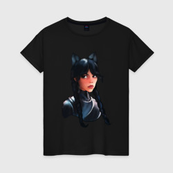 Женская футболка хлопок Чёрная кошка Уэнсдэй