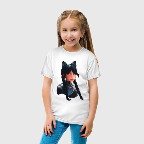 Детская футболка хлопок Чёрная кошка Уэнсдэй, цвет белый - фото 5