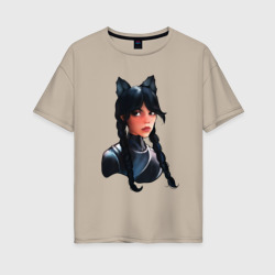 Женская футболка хлопок Oversize Чёрная кошка Уэнсдэй