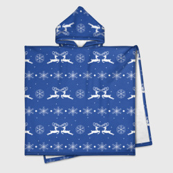 Белые олени со снежинками на синем фоне – Детское полотенце-пончо с капюшоном 3D с принтом купить со скидкой в -16%