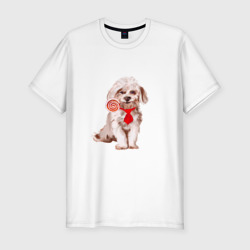 Мужская футболка хлопок Slim Белая собака с конфетой