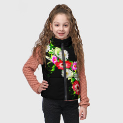 Жилет с принтом Яркие цветные хризантемы для ребенка, вид на модели спереди №2. Цвет основы: красный