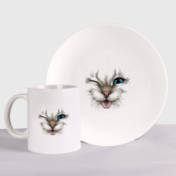 Набор: тарелка + кружка The cat winks