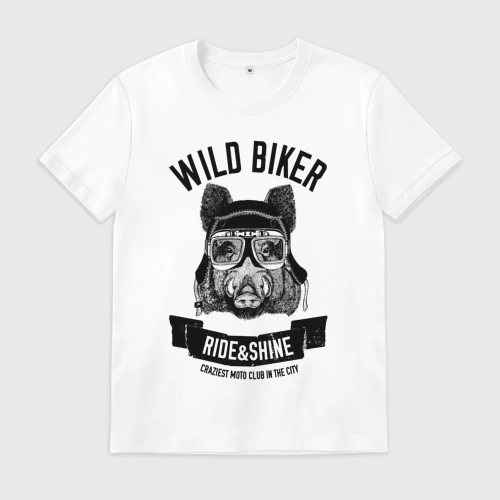 Мужская футболка хлопок с принтом Дикий байкер кабан, вид спереди #2