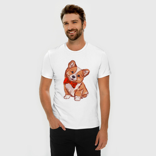 Мужская футболка хлопок Slim с принтом Мальчик корги собака, фото на моделе #1