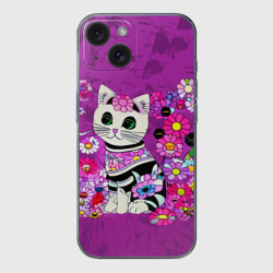 Чехол для iPhone 15 силиконовый с защитой камеры Зеленоглазый котенок в цветах