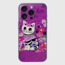 Чехол для iPhone 16 Pro Max силиконовый с защитой камеры Зеленоглазый котенок в цветах