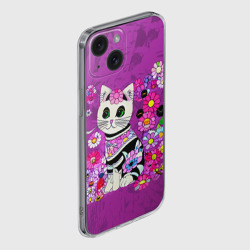 Чехол для iPhone 15 силиконовый с защитой камеры Зеленоглазый котенок в цветах - фото 2