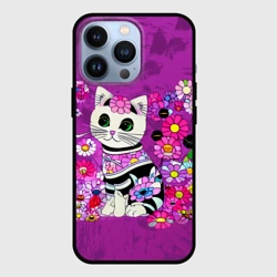 Чехол для iPhone 13 Pro Зеленоглазый котенок в цветах