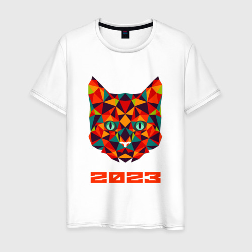 Мужская футболка из хлопка с принтом Низкополигональный графичный кот 2023, вид спереди №1