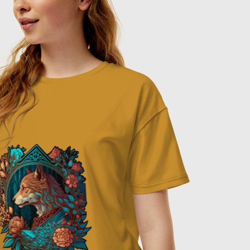 Женская футболка хлопок Oversize Wolf and flowers, цвет горчичный - фото 3