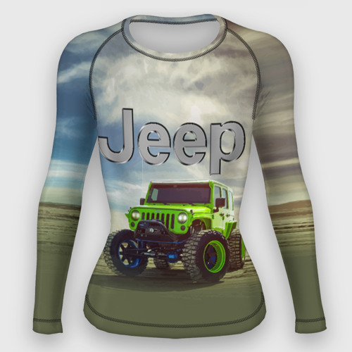 Женский рашгард 3D с принтом Chrysler Jeep Rubicon в пустыне, вид спереди #2