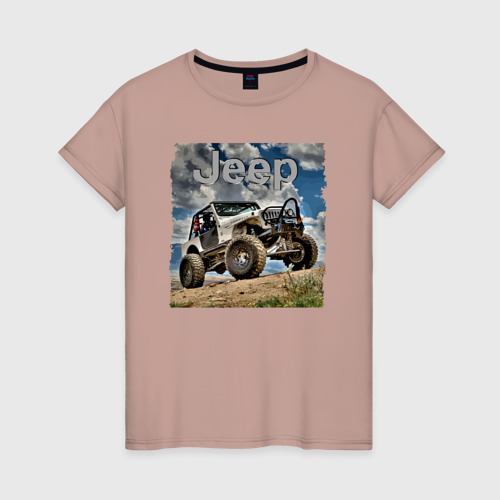 Женская футболка хлопок с принтом Chrysler Jeep Fordyce в пустыне, вид спереди #2