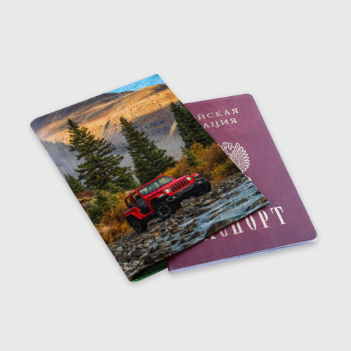 Обложка для паспорта матовая кожа Chrysler Jeep Wrangler Rubicon в горах, цвет зеленый - фото 3