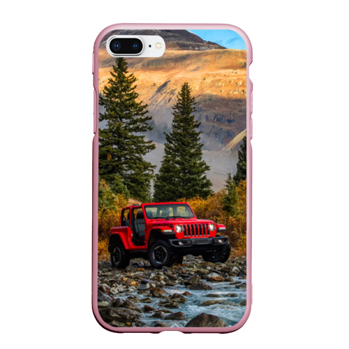 Чехол для iPhone 7Plus/8 Plus матовый Chrysler Jeep Wrangler Rubicon в горах, цвет розовый