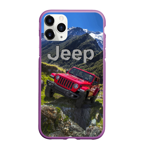 Чехол для iPhone 11 Pro Max матовый Chrysler Jeep Wrangler Rubicon - горы, цвет фиолетовый