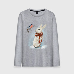 Мужской лонгслив хлопок Зимний кролик в шарфике беседует со снегирём