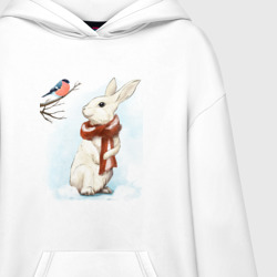 Ультрамодная кофта-худи с принтом Зимний кролик в шарфике беседует со снегирём для женщины, вид на модели спереди №2. Цвет основы: белый