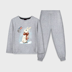 Детская пижама с лонгсливом хлопок Зимний кролик в шарфике беседует со снегирём