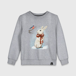 Детский свитшот хлопок Зимний кролик в шарфике беседует со снегирём