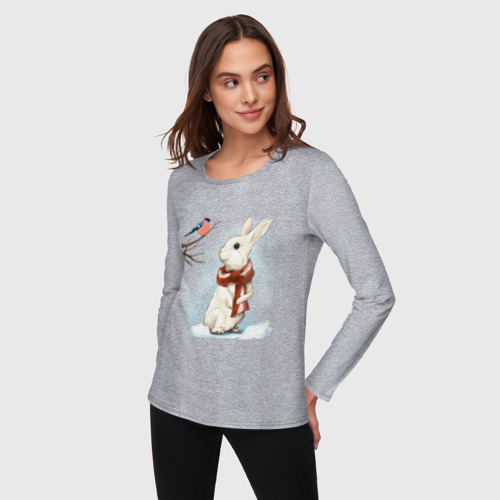 Женский лонгслив хлопок Зимний кролик в шарфике беседует со снегирём, цвет меланж - фото 3