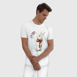 Мужская пижама хлопок Зимний кролик в шарфике беседует со снегирём - фото 2