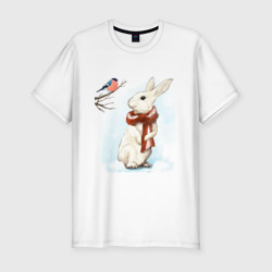 Мужская футболка хлопок Slim Зимний кролик в шарфике беседует со снегирём