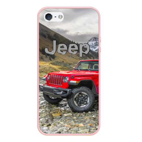 Чехол для iPhone 5/5S матовый Chrysler Jeep Wrangler Rubicon на горной дороге, цвет светло-розовый