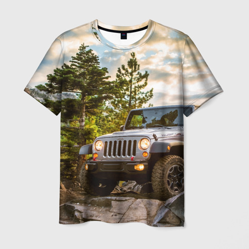 Мужская футболка с принтом Chrysler Jeep Wrangler Rubicon на природе, вид спереди №1