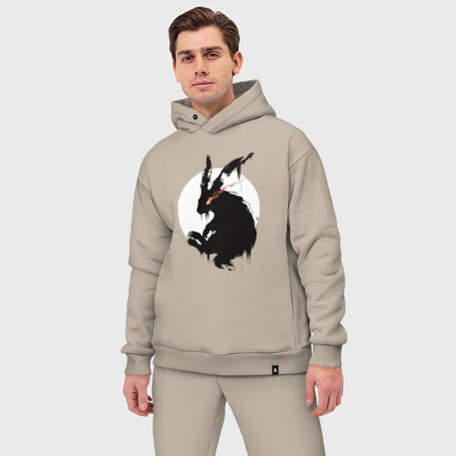 Мужской костюм oversize хлопок с принтом Черный кролик 2023, фото на моделе #1