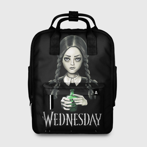Женский рюкзак 3D с принтом Уэнсдэй на чёрном фоне, вид спереди #2