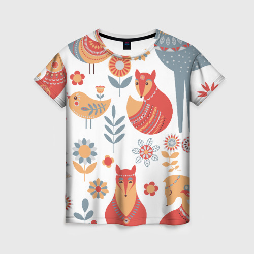 Женская футболка 3D с принтом Животные, птицы, растения в скандинавском стиле, вид спереди #2
