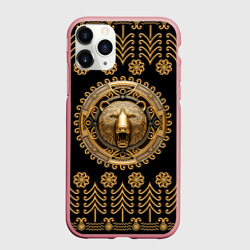 Чехол для iPhone 11 Pro Max матовый Медведь золотой барельеф с этническим орнаментом