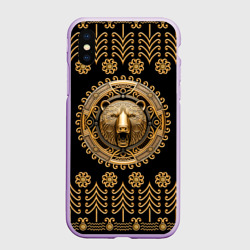 Чехол для iPhone XS Max матовый Медведь золотой барельеф с этническим орнаментом