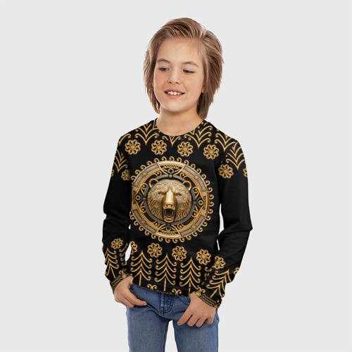 Детский лонгслив 3D Медведь золотой барельеф с этническим орнаментом, цвет 3D печать - фото 3