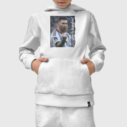 Костюм с принтом Viva la Argentina - Lionel Messi - world champion для ребенка, вид на модели спереди №3. Цвет основы: белый