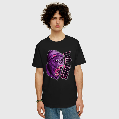 Мужская футболка хлопок Oversize с принтом Злая обезьяна - shut up, фото на моделе #1